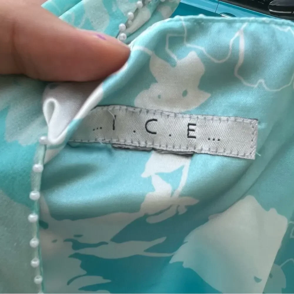 ICE Blue Silk Floral Wrap Dress Pearls Romantic Vintage Y2K Tie Women's Small